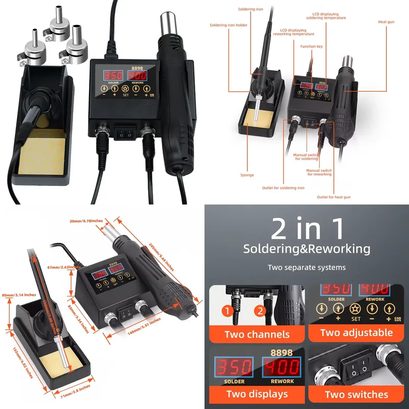 Smd Rework Station Hot Air Soldering 2 In 1 - หัวแร้งลมร้อน LED ดิจิตอล 60W พร้อมจอแสดงผล 2